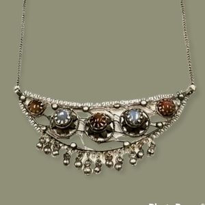 Vintage Boho Tribal Silver Tone Gemstone Statement Necklace